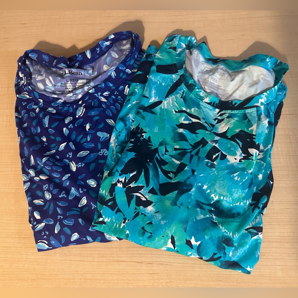 Lot of 2 L.L. Bean Teal and Black Floral Long Sleeve Top